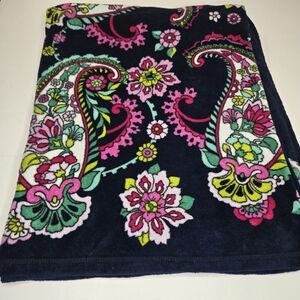 Vera Bradley Navy Plush Blanket with Pink, Yellow and Teal Floral Print